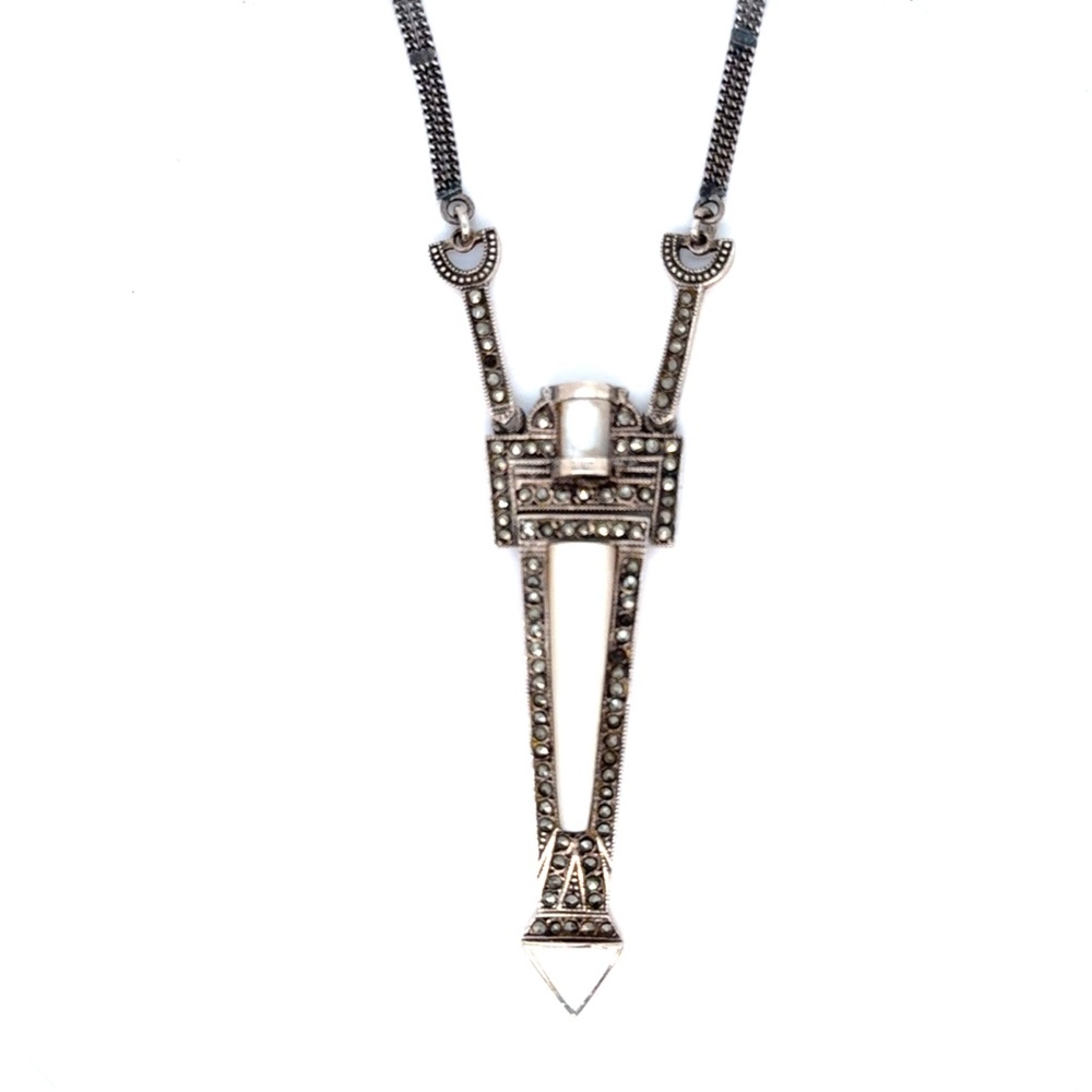 Vintage Silver 925 MOP Marcasite Drop Pendant‎ Necklace - Silver